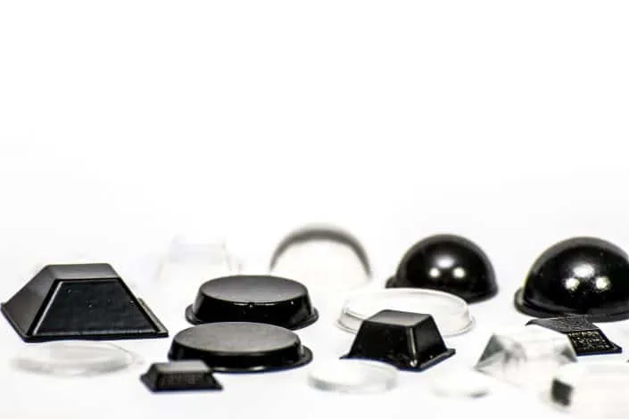 LogoBump elastic bumpers from 2K polyurethane in various geometries, transparent, UV-stable, non-yellowing