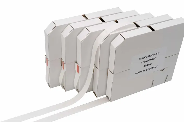 Double-sided silicone adhesive dots Glue-Drops in dispenser box, Logo-Flex